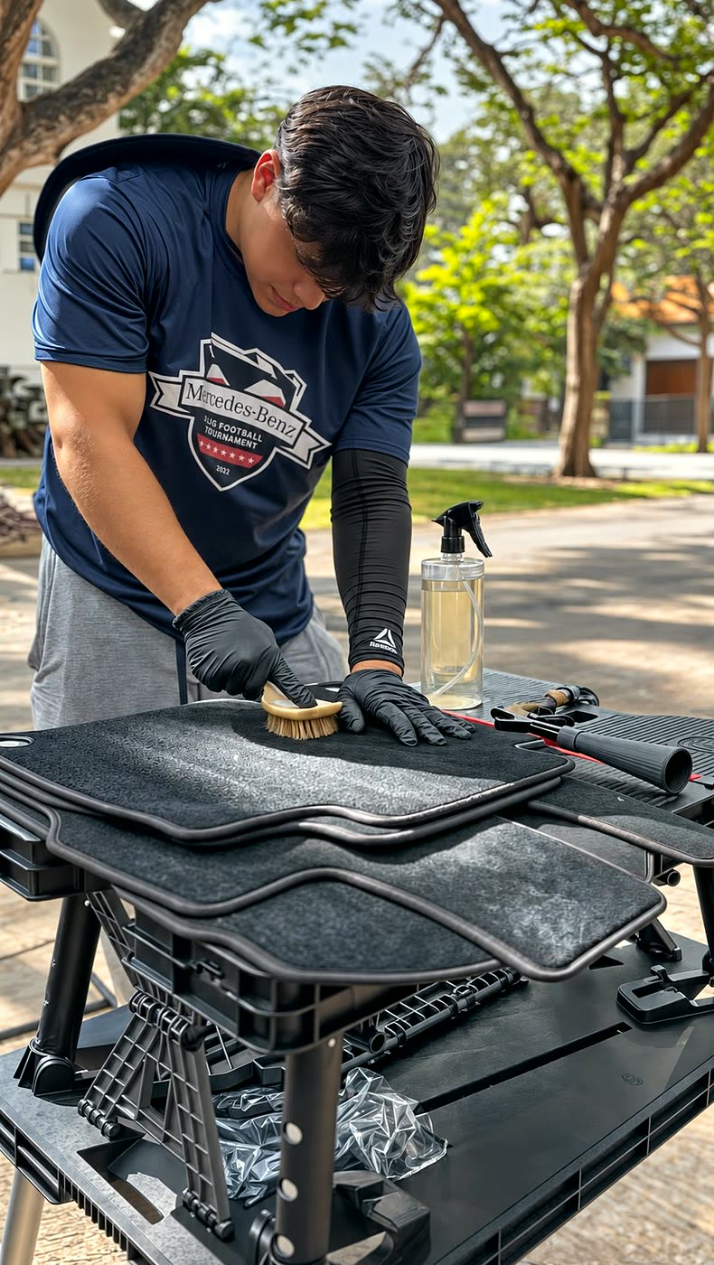 Scrubbing car floor mats during interior detailing in Miami