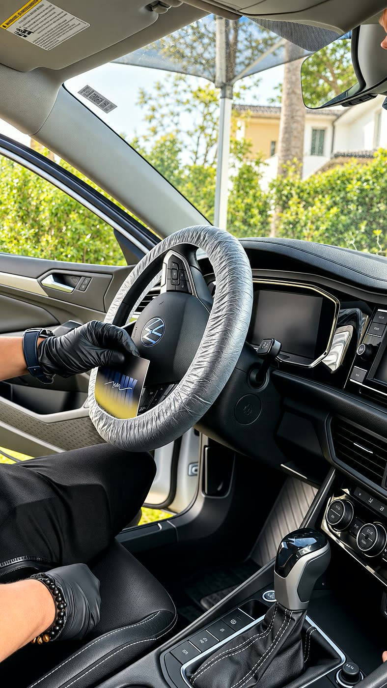 Volkswagen steering wheel protected during interior detailing in Miami